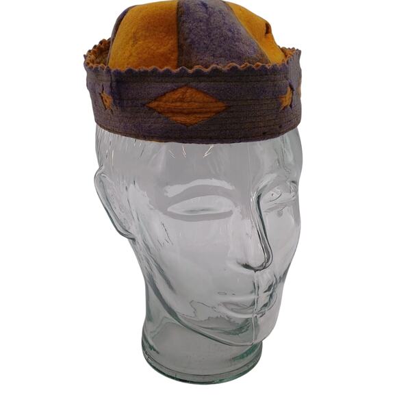 Vintage 2-Tone Yellow / Purple Wool Hat Beanie Cap GEOMETRIC Diamond Star Design - Picture 2 of 12